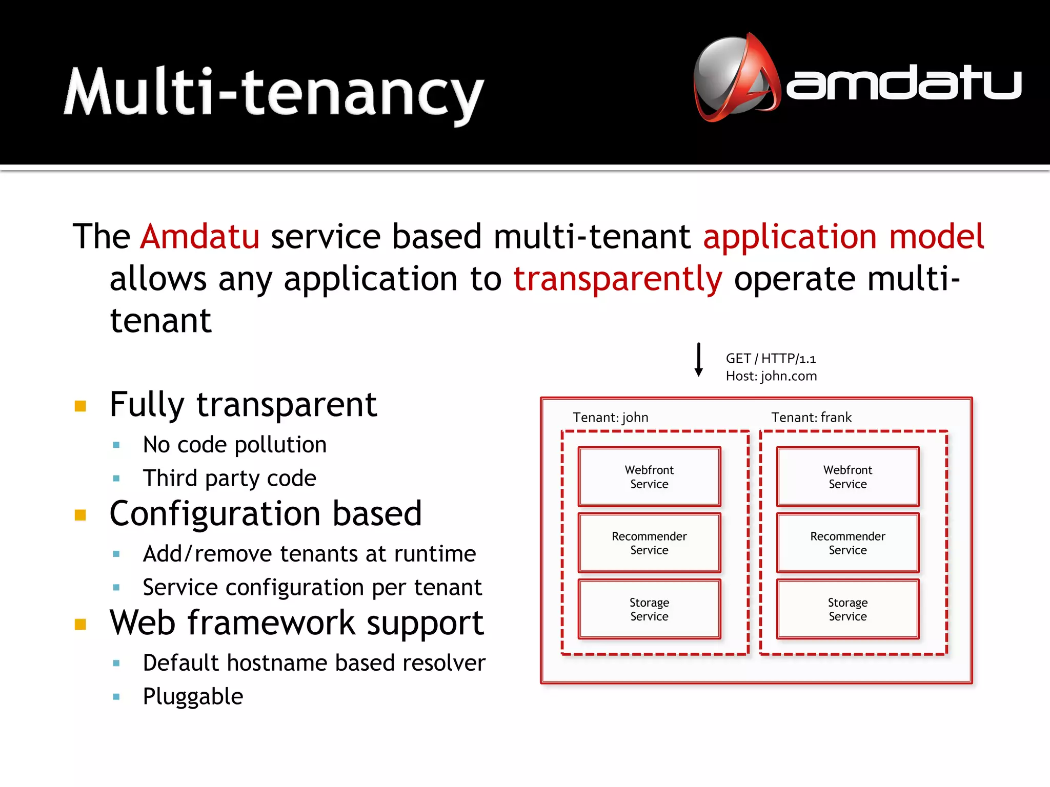 The Amdatu service based multi-tenant application model
  allows any application to transparently operate multi-
  tenant
                                                             GET / HTTP/1.1
                                                             Host: john.com

   Fully transparent                    Tenant: john              Tenant: frank

     No code pollution
                                                 Webfront                     Webfront
     Third party code                            Service                      Service


   Configuration based                        Recommender               Recommender
     Add/remove tenants at runtime               Service                   Service


     Service configuration per tenant
                                                  Storage                     Storage

   Web framework support                         Service                     Service



     Default hostname based resolver
     Pluggable
 