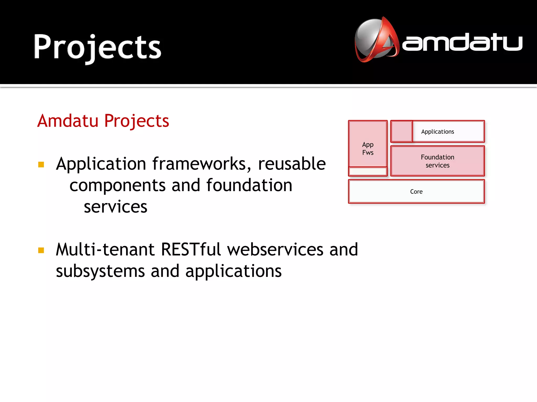 Amdatu Projects                                     Applications

                                           App
                                           Fws

    Application frameworks, reusable
                                                    Foundation
                                                    services


     components and foundation                   Core


       services

   Multi-tenant RESTful webservices and
    subsystems and applications
 