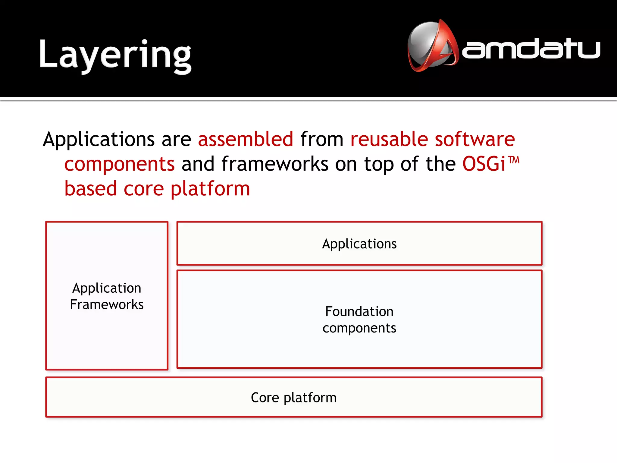 Applications are assembled from reusable software
  components and frameworks on top of the OSGi™
  based core platform

                               Applications


  Application
  Frameworks
                               Foundation
                               components




                     Core platform
 