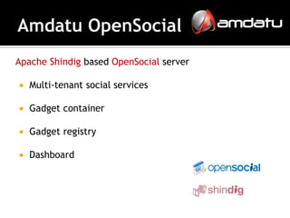 Apache Shindig based OpenSocial server

   Multi-tenant social services

   Gadget container

   Gadget registry

   Dashboard
 