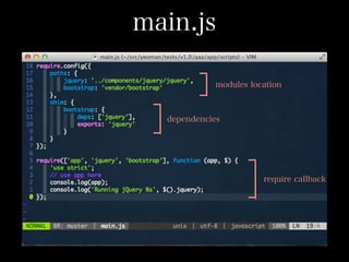 main.js
modules location

dependencies

require callback

 
