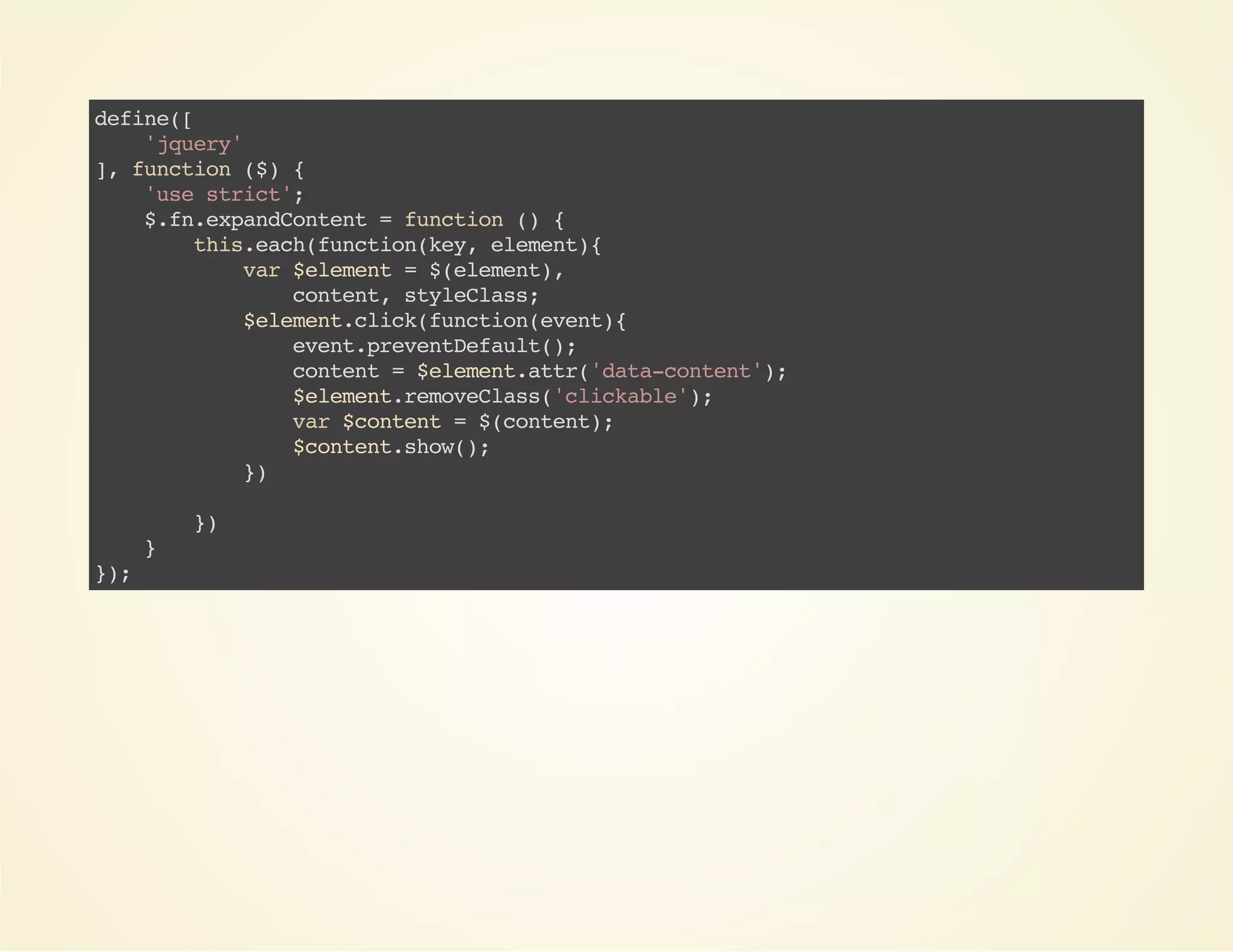 dfn(
eie[
'qey
jur'
] fnto (){
, ucin $
's src'
ue tit;
$f.xadotn =fnto ( {
.nepnCnet
ucin )
ti.ahfnto(e,eeet{
hsec(ucinky lmn)
vr$lmn =$eeet,
a eeet
(lmn)
cnet syels;
otn, tlCas
$lmn.lc(ucineet{
eeetcikfnto(vn)
eetpeeteal(;
vn.rvnDfut)
cnet=$lmn.tr'aacnet)
otn
eeetat(dt-otn';
$lmn.eoels(cikbe)
eeetrmvCas'lcal';
vr$otn =$cnet;
a cnet
(otn)
$otn.hw)
cnetso(;
}
)
}
)
}
};
)

 
