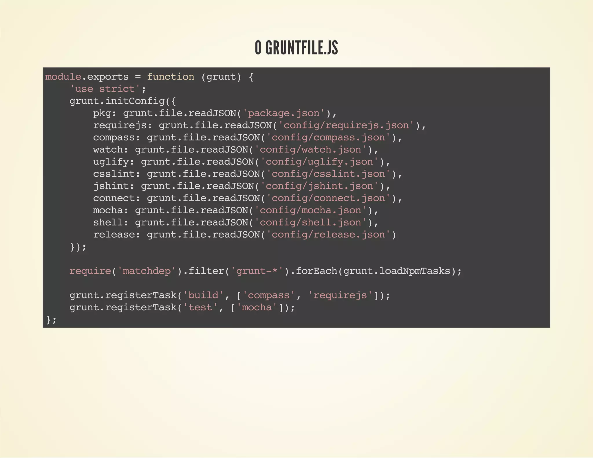 O GRUNTFILE.JS
mdl.xot =fnto (rn){
oueeprs
ucin gut
's src'
ue tit;
gutiiCni(
rn.ntofg{
pg gutfl.edSN'akg.sn)
k: rn.ieraJO(pcaejo',
rqies gutfl.edSN'ofgrqiesjo',
eurj: rn.ieraJO(cni/eurj.sn)
cmas gutfl.edSN'ofgcmasjo',
ops: rn.ieraJO(cni/ops.sn)
wth gutfl.edSN'ofgwthjo',
ac: rn.ieraJO(cni/ac.sn)
ulf:gutfl.edSN'ofgulf.sn)
giy rn.ieraJO(cni/giyjo',
csit gutfl.edSN'ofgcsitjo',
sln: rn.ieraJO(cni/sln.sn)
jhn:gutfl.edSN'ofgjhn.sn)
sit rn.ieraJO(cni/sitjo',
cnet gutfl.edSN'ofgcnetjo',
onc: rn.ieraJO(cni/onc.sn)
mca gutfl.edSN'ofgmcajo',
oh: rn.ieraJO(cni/oh.sn)
sel gutfl.edSN'ofgseljo',
hl: rn.ieraJO(cni/hl.sn)
rlae gutfl.edSN'ofgrlaejo'
ees: rn.ieraJO(cni/ees.sn)
};
)
rqie'acdp)fle(gut*)frahgutlaNmak)
eur(mthe'.itr'rn-'.oEc(rn.odpTss;
gutrgseTs(bid,[cmas,'eurj')
rn.eitrak'ul' 'ops' rqies];
gutrgseTs(ts' [mca];
rn.eitrak'et, 'oh')
}
;

 