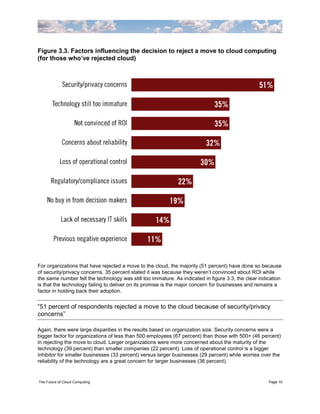 Figure 3.3. Factors influencing the decision to reject a move to cloud computing
(for those who’ve rejected cloud)




For organizations that have rejected a move to the cloud, the majority (51 percent) have done so because
of security/privacy concerns. 35 percent stated it was because they weren‟t convinced about ROI while
the same number felt the technology was still too immature. As indicated in figure 3.3, the clear indication
is that the technology failing to deliver on its promise is the major concern for businesses and remains a
factor in holding back their adoption.


“51 percent of respondents rejected a move to the cloud because of security/privacy
concerns”

Again, there were large disparities in the results based on organization size. Security concerns were a
bigger factor for organizations of less than 500 employees (67 percent) than those with 500+ (46 percent)
in rejecting the move to cloud. Larger organizations were more concerned about the maturity of the
technology (39 percent) than smaller companies (22 percent). Loss of operational control is a bigger
inhibitor for smaller businesses (33 percent) versus larger businesses (29 percent) while worries over the
reliability of the technology are a great concern for larger businesses (36 percent).


The Future of Cloud Computing                                                                         Page 10
 