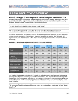 2.0 CLOUD DEPLOYMENT SCENARIOS

Believe the Hype. Cloud Begins to Deliver Tangible Business Value
With almost 40 percent of businesses already deploying cloud solutions of some description, there is no
question that cloud has begun to mature with a substantial number of organizations reporting having
achieved tangible business value from their cloud implementations.


“26 percent of respondents hosting data in the cloud”


“26 percent of respondents using the cloud for remotely hosted applications”

26 percent of businesses are currently using the cloud to host data while 26 percent are also using it for
remotely hosted applications. Approximately 15 percent are using the cloud for both purposes, with
organizations under 500 employees further ahead than larger organizations in the deployment of cloud
technology.

Figure 2.0. Business implementations of cloud technology

                                                                    Under                Non-
                                Total   USA     Asia     Europe      500       500 +     public     Public

 Total                          1513    1000     259       254        525       988       1176       311

 Not considered at all          27%     23%     30%        39%       23%        29%       23%       38%

 Currently
                                33%     35%     29%        28%       32%        33%       32%       36%
 investigating
 Using for remotely
                                26%     29%     27%        17%       30%        24%       29%       16%
 hosted applications

 Using to host data             26%     27%     29%        19%       29%        24%       29%       15%

 Using for Both                 15%     17%     17%        6%        16%        13%       16%        8%

 Investigated but
                                3%      3%       2%        3%         2%        3%         3%        3%
 rejected

The majority of organizations considering a move to the cloud are looking at private cloud solutions (32
percent) while 16 percent are looking at hosted private solutions. Just 11 percent are considering public
deployments. This indicates that organizations are intelligently approaching cloud computing by taking a
controlled approach initially and deploying private clouds before making a full jump into adopting public
cloud solutions.


“32 percent of businesses considering a move to the cloud are looking at private cloud
solutions”


The Future of Cloud Computing                                                                          Page 4
 