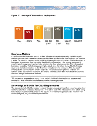Figure 2.2. Average ROI from cloud deployments




Hardware Matters
A common discussion between vendors of cloud solutions and organizations using the technology is
whether anyone actually cares what hardware and software is powering the cloud, or if they just care that
it works. The results of the study proved overwhelmingly that infrastructure matters. Ninety-two percent of
businesses already using cloud computing stated that the infrastructure – the servers, software and
underlying technology - was important in the selection of a cloud solutions provider. This indicates that
businesses care about the technology powering the cloud, given that failure of any of that technology
could have dramatic implications on the IT services being delivered to employees. This also clearly
indicates that IT vendors need to take the lead in the conversation about optimized hardware and
software for the cloud beyond buzzwords. It is time for better education of the market so that customers
can make the right infrastructure decisions.


“92 percent of respondents using cloud stated that the infrastructure – servers and
software – was important in their selection of a cloud provider”

Knowledge and Skills for Cloud Deployments
The research indicated that there was a very clear focus on developing the skills in-house to deploy cloud
solutions, rather than contracting that expertise in via a third-party. This indicates that cloud is both a long
term, strategic investment for businesses that requires in-house knowledge to drive the transition over
months and years, not just isolated implementations.




The Future of Cloud Computing                                                                              Page 6
 
