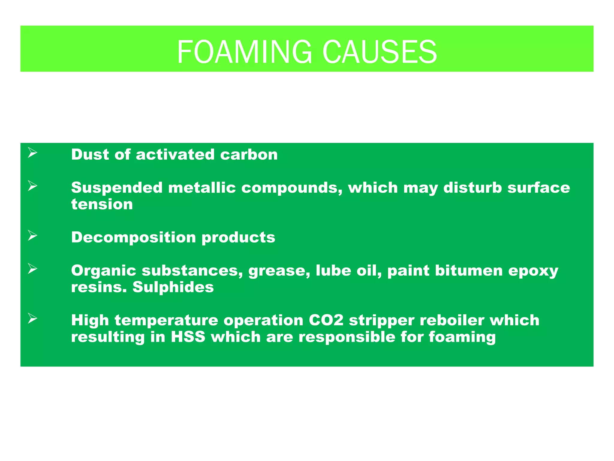 FOAMING CAUSES
 Dust of activated carbon
 Suspended metallic compounds, which may disturb surface
tension
 Decomposition products
 Organic substances, grease, lube oil, paint bitumen epoxy
resins. Sulphides
 High temperature operation CO2 stripper reboiler which
resulting in HSS which are responsible for foaming
 