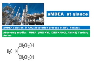aMDEA at glance
aMDEA solution in CO2 absorption process at NFL Panipat
Absorbing media.- MDEA (METHYL DIETHANOL AMINE) Tertiary
Amine
MDEA is clear, water-white, hygroscopic liquid with an ammonical odor.
Typical Physical Properties
Boiling Range, o
C 247
Flash point, PMCC, °C (°F) 116 (240)
Freezing Point, o
C (o
F) -21 (-5.8)
Specific gravity, 20/20oC 1.0431
Vapor pressure, 20oC, mm Hg <0.01
Viscosity, cSt, 100oF 36.8
Water solubility Complete
 