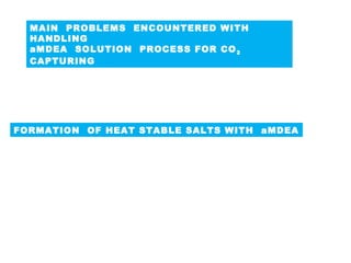 MAIN PROBLEMS ENCOUNTERED WITH
HANDLING
aMDEA SOLUTION PROCESS FOR CO2
CAPTURING
 Formation of Heat Stable Salts.
Foaming of the aMDEA solution
FORMATION OF HEAT STABLE SALTS WITH aMDEA
MDEA is the most forgiving amine from a corrosion standpoint,
as compared to other amines i.e. MEA & DEA it does not leads
to the formation of bicarbonates which are mostly resulted in
the lower of PH value of solution leading to corrosion.
Regardless of amine type for the CO2 capture process,
the formation of heat stable salts (HSSs) in amine solutions
has long been a problem.
 