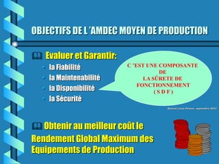 OBJECTIFS DE L ’AMDEC MOYEN DE PRODUCTION

 Evaluer et Garantir:
  •   la Fiabilité        C ’EST UNE COMPOSANTE
                                     DE
  •   la Maintenabilité         LA SÛRETE DE
                              FONCTIONNEMENT
  •   la Disponibilité              (SDF)
  •   la Sécurité
                                     Roland Louis Pirman septembre 2001




 Obtenir au meilleur coût le
Rendement Global Maximum des
Equipements de Production
 