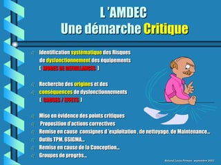 L ’AMDEC
             Une démarche Critique
   Identification systématique des Risques
    de dysfonctionnement des équipements
    ( MODES DE DEFAILLANCES )

   Recherche des origines et des
   conséquences de dysfonctionnements
    ( CAUSES / EFFETS )

   Mise en évidence des points critiques
   Proposition d’actions correctives
   Remise en cause consignes d ’exploitation , de nettoyage, de Maintenance...
   Outils TPM, 6SIGMA...
   Remise en cause de la Conception...
   Groupes de progrès...
                                                           Roland Louis Pirman septembre 2001
 