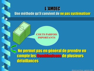 L ’AMDEC
Une méthode qu'il convient de ne pas systématiser




             COUTS PARFOIS
              IMPORTANTS




 Ne permet pas en général de prendre en
 compte les Combinaisons de plusieurs
 défaillances
                                     Roland Louis Pirman septembre 2001
 