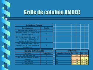 Grille de cotation AMDEC

               Echelle de Gravité
         Conséquences                  Gravité
   Perte d'accès à la base < 1H           1
1h< Perte d'accès à la base < 4H ou
                                          2
         1H <Retard < 4H
4H < Perte d'accès à la base < 24H
  ou 4H <Retard < 24H ou Perte            3
    partielle de données (<1H)
 Perte d'accès à la base > 24H ou
 Retard > 24H ou Perte partielle de       4
           données >1H

             Echelle de Probabilité                                CRITICITE
           Fréquence                  Probabilité   Probabilité / Gravité G1   G2   G3    G4
      > 1 fois tous les 4 ans             1         P1                   C1    C2   C3    C4
 Entre une et 4 fois tous les 4 ans
                                          2
            (1fois/ans)                             P2                   C2    C4   C6    C8
         > 1 fois par ans                 3         P3                   C3    C6   C9    C12
         > 1 fois par mois                4         P4                   C4    C8   C12   C16
 