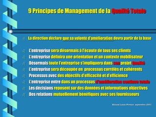 9 Principes de Management de la Qualité Totale



   La direction déclare que sa volonté d'amélioration devra partir de la base


   L'entreprise sera désormais à l'écoute de tous ses clients
   L'entreprise définira une orientation et un contexte mobilisateur
   Désormais toute l'entreprise s'impliquera dans son projet Qualité
   L'entreprise sera découpée en processus corrélés et cohérents
   Processus avec des objectifs d'efficacité et d'efficience
   L'entreprise entre dans un processus d'amélioration continue totale
   Les décisions reposent sur des données et informations objectives
   Des relations mutuellement bénéfiques avec ses fournisseurs

                                                      Roland Louis Pirman septembre 2001
 