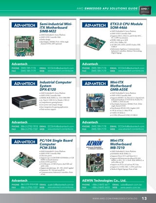 AMD EMBEDDED APU SOLUTIONS GUIDE




                           Semi-Industrial Mini-                                                          ETX3.0 CPU Module
                           ITX Motherboard                                                                SOM-4466
                           SIMB-M22                                                                       • AMD Embedded G-Series Platform
                                                                                                          • AMD A55E Controller Hub
                           • AMD Embedded G-Series Platform
                                                                                                          • Supports DX11, OGL3.2, and H.264/AVC,
                           • AMD A55E Controller Hub                                                         VC-1 HW Acceleration
                           • Fanless design                                                               • DDR3-1066 up to 4GB
                           • dual display: HDMI, VGA, 18-bit single                                      • PCI, ISA, SMBus, I2C
                              channel LVDS, eDP (optional)
                                                                                                          • 10/100 LAN, SATA, mSATA Socket, IDE,
                                                                                                             USB2.0
                                                                                                          • Information Appliance, Communications,
                                                                                                             Industrial Controllers, Medical, Networking,
                                                                                                             Digital Signage




Advantech                                                                        Advantech
PHONE (949) 789-7178       EMAIL ECGInfo@advantech.com                           PHONE (949) 789-7178     EMAIL ECGInfo@advantech.com
FAX   (949) 789-7179       WEB   www.advantech.com/embcore                       FAX   (949) 789-7179     WEB   www.advantech.com/embcore




                           Industrial Computer                                                            Mini-ITX
                           System                                                                         Motherboard
                           DPX-E120                                                                       GMB-A55E
                           • AMD Embedded G-Series Platform                                              • AMD Embedded G-Series Platform
                           • AMD A55E Controller Hub                                                     • AMD A55E Controller Hub
                           • DIMM, 8GB, DDR3, 2x, 1333/1066/800                                          • Supports HDMI 1.3a, DirectX 11, OpenGL4.0,
                           • 4x, TypeA, USB 2.0; 2x, Header, USB 2.0                                        dedicated hardware (UVD3.0) for H.264, VC-
                           • Comprehensive gaming features                                                  1, MPEG 2, DivX decode
                           • Low power and compact design                                                • Dual display functions: HDMI, VGA, 18-bit
                                                                                                             single channel LVDS
                           • Easy integration for gaming applications
                                                                                                          • Dual Realtek RTL8111DL Gigabit LAN
                           • Dual monitor support
                                                                                                          • 1 PCIe x4 Gen.2, 1 Mini PCIe
                                                                                                          • 5 SATA 3.0 (6Gb/s)
                                                                                                          • 4 COM (2Powered COM), 8 USB2.0



Advantech                                                                        Advantech
PHONE 886-2-2792-7818 EMAIL ECGInfo@advantech.com                                PHONE (949) 789-7178     EMAIL ECGInfo@advantech.com
FAX   886-2-2792-7337 WEB www.advantech.com/embcore                              FAX   (949) 789-7179     WEB   www.advantech.com/embcore




                           PC/104 Single Board                                                            Mini-ITX
                           Computer                                                                       Motherboard
                           PCM-3356                                                                       MB-7210
                           • AMD Embedded G-Series Platform                                              • AMD Embedded G-Series Platform
                           • AMD A55E Controller Hub                                                     • SODIMM, 8GB, DDR3, 2x
                           • Ultra low power                                                             • Supports Direct X 11 and Open GL 4
                           • Supports up to 4 GB DDR3 SODIMM or 1 GB                                     • Supports full bitstream decoding of H.264/
                              DDR3 on-board memory                                                           MPEG-4, AVC, VC-1, DivX, Xvid, MPEG2, as
                           • 18-bit LVDS and VGA                                                            well as Blu-ray 3D
                           • 3 COM ports, 4 USB 2.0 ports, dual GbE and                                  • Support one PCIe x16 and one PCI slot
                              audio codec
                                                                                                          • Support 6 x COM, GbE, 1 x DVI and CFast
                           • Support extended temp: -40 ~ 85C, HALT applied
                                                                                                          • Medical, Digital Signage, Point of Sale
                           • Expansion: PC/104 and miniPCIe
                           • Communications, Industrial Controllers, Point
                              of Sale


Advantech                                                                        AEWIN Technologies Co., Ltd.
PHONE 886-2-2792-7818 #1508 EMAIL austin.lo@advantech.com.tw                     PHONE +886-2-8692 6677      EMAIL sales@aewin.com.tw
FAX   886-2-2792-7337 WEB www.advantech.com/embcore                              FAX   +886-2-8692 6655      WEB   www.aewin.com.tw



                                                                                         WWW. AMD . C OM/ EMBED D ED / C ATALOG                         13
 