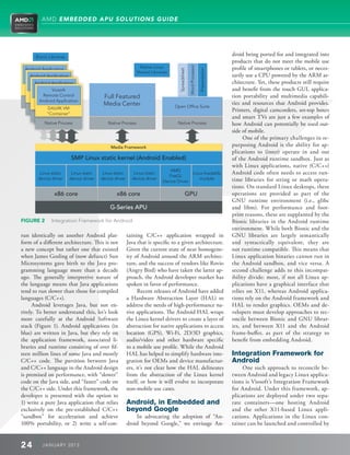 AMD EMBEDDED APU SOLUTIONS GUIDE




       Bionic Libraries
                                                                                                                                  droid being ported for and integrated into
                                                                                                                                  products that do not meet the mobile use
                                                               Native Linux




                                                                                                  Word Processor
 Android Application                                                                                                              profile of smartphones or tablets, or neces-




                                                                                    Spreadsheet



                                                                                                                   Presentation
                                                              Shared Libraries
    Android Application                                                                                                           sarily use a CPU powered by the ARM ar-
      Android Application                                                                                                         chitecture. Yet, these products still require
     DALVIK VM                                                                                                                    and benefit from the touch GUI, applica-
               Viosoft
     “Container”
        DALVIK VMControl
           Remote                          Full Featured                                                                          tion portability and multimedia capabili-
       “Container”
        Android Application
    Native DALVIK VM
           Process                                                                                                                ties and resources that Android provides.
          “Container”
                                           Media Center                           Open Office Suite
      Native DALVIK VM
             Process                                                                                                              Printers, digital camcorders, set-top boxes
            “Container”
         Native Process                                                                                                           and smart TVs are just a few examples of
           Native Process                    Native Process                        Native Process                                 how Android can potentially be used out-
                                                                                                                                  side of mobile.
                                                                                                                                       One of the primary challenges in re-
                                               Media Framework                                                                    purposing Android is the ability for ap-
                                                                                                                                  plications to (inter) operate in and out
                          SMP Linux static kernel (Android Enabled)                                                               of the Android runtime sandbox. Just as
                                                                                                                                  with Linux applications, native (C/C++)
                                                                               AMD
         Linux static      Linux static    Linux static      Linux static
                                                                              FireGL
                                                                                                          Linux loadable          Android code often needs to access run-
        device driver     device driver   device driver     device driver                                    module               time libraries for string or math opera-
                                                                            Device Driver
                                                                                                                                  tions. On standard Linux desktops, these
                 x86 core                         x86 core                                    GPU                                 operations are provided as part of the
                                                                                                                                  GNU runtime environment (i.e., glibc
                                              G-Series APU                                                                        and libm). For performance and foot-
                                                                                                                                  print reasons, these are supplanted by the
FIGURE 2       Integration Framework for Android.
                                                                                                                                 Bionic libraries in the Android runtime
                                                                                                                                  environment. While both Bionic and the
run identically on another Android plat-                  taining C/C++ application wrapped in                                    GNU libraries are largely semantically
form of a different architecture. This is not             Java that is specific to a given architecture.                          and syntactically equivalent, they are
a new concept but rather one that existed                 Given the current state of near homogene-                               not runtime compatible. This means that
when James Gosling of (now defunct) Sun                   ity of Android around the ARM architec-                                 Linux application binaries cannot run in
Microsystems gave birth to the Java pro-                  ture, and the success of vendors like Rovio                             the Android sandbox, and vice versa. A
gramming language more than a decade                      (Angry Bird) who have taken the latter ap-                              second challenge adds to this incompat-
ago. The generally interpretive nature of                 proach, the Android developer market has                                ibility divide: most, if not all Linux ap-
the language means that Java applications                 spoken in favor of performance.                                         plications have a graphical interface that
tend to run slower than those for compiled                      Recent releases of Android have added                             relies on X11, whereas Android applica-
languages (C/C++).                                        a Hardware Abstraction Layer (HAL) to                                   tions rely on the Android framework and
      Android leverages Java, but not en-                 address the needs of high-performance na-                               HAL to render graphics. OEMs and de-
tirely. To better understand this, let’s look             tive applications. The Android HAL wraps                                velopers must develop approaches to rec-
more carefully at the Android Software                    the Linux kernel drivers to create a layer of                           oncile between Bionic and GNU librar-
stack (Figure 1). Android applications (in                abstraction for native applications to access                           ies, and between X11 and the Android
blue) are written in Java, but they rely on               location (GPS), Wi-Fi, 2D/3D graphics,                                  frame-buffer, as part of the strategy to
the application framework, associated li-                 audio/video and other hardware specific                                 benefit from embedding Android.
braries and runtime consisting of over fif-               to a mobile use profile. While the Android
teen million lines of some Java and mostly                HAL has helped to simplify hardware inte-                               Integration Framework for
C/C++ code. The partition between Java                    gration for OEMs and device manufactur-                                 Android
and C/C++ language in the Android design                  ers, it’s not clear how the HAL delineates                                   One such approach to reconcile be-
is premised on performance, with “slower”                 from the abstraction of the Linux kernel                                tween Android and legacy Linux applica-
code on the Java side, and “faster” code on               itself, or how it will evolve to incorporate                            tions is Viosoft’s Integration Framework
the C/C++ side. Under this framework, the                 non-mobile use cases.                                                   for Android. Under this framework, ap-
developer is presented with the option to                                                                                         plications are deployed under two sepa-
1) write a pure Java application that relies              Android, in Embedded and                                                rate containers—one hosting Android
exclusively on the pre-established C/C++                  beyond Google                                                           and the other X11-based Linux appli-
“sandbox” for acceleration and achieve                        In advocating the adoption of “An-                                  cations. Applications in the Linux con-
100% portability, or 2) write a self-con-                 droid beyond Google,” we envisage An-                                   tainer can be launched and controlled by


24        J ANU ARY 201 3
 