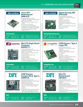 AMD EMBEDDED APU SOLUTIONS GUIDE




                       micro-ATX                                                                         Digital Gaming SBC
                       Motherboard                                                                       DPX-S430
                       GMB-A75                                                                           • AMD Embedded R-Series Platform
                                                                                                         • AMD Radeon™ HD 7000G Series Graphics
                       • AMD Embedded R-Series Platform                                                   integrated
                       • AMD Radeon™ HD 7000G Series Graphics integrated                                • AMD A75 Controller Hub
                       • AMD A75 Controller Hub                                                         • Quad and Dual Core APUs
                       • Built-in SMI 750 GPU to support extension                                      • Comprehensive Gaming features
                          2 display
                                                                                                         • High-performance integrated or PCI Express
                       • Extended up to 2 PCIex16 slot                                                    graphics
                       • System memory up to 16 GB (DDR3)                                               • Up to 4 independent displays from the chipset
                       • Comprehensive I/O: 2 x RJ45, 10 x USB (2.0/3.0),                               • Low power consumption
                          8 x COM, 4 x VGA, 2 x DVI-D, CF card, and audio
                                                                                                         • Small format
                       • Gaming, Information Appliance, Digital
                          Signage, Point of Sale



Advantech                                                                         Advantech-Innocore
PHONE (949) 789-7178   EMAIL sales@advantech-innocore.com                         PHONE (949) 789-7178   EMAIL sales@advantech-innocore.com
FAX   (949) 789-7179   WEB   www.advantech.com/embcore                            FAX   (949) 789-7179   WEB   www.advantech.com/embcore




                       Mini-ITX Single Board                                                             COM Express / Type 6
                       Computer                                                                          conga-TFS
                       MANO111                                                                           • AMD Embedded R-Series APU
                                                                                                         • AMD Radeon™ HD 7000G Series Graphics
                       • AMD Embedded R-Series APU                                                        integrated
                       • AMD Radeon™ HD 7000G Series Graphics integrated                                • AMD A70 Controller Hub
                       • AMD A75 Controller Hub                                                         • SODIMM, 16GB, DDR3, 2x, 1066/800
                       • DDR3 Dual channel SO-DIMM 1333/1600                                            • 7 x PCI Express™
                          max. up to 16 GB
                                                                                                         • 4 x SATA
                       • 4 SATA-600 support RAID 0,1,5,10
                                                                                                         • 4 x USB 3.0, 4 x USB 2.0
                       • 4 USB 3.0 supported
                                                                                                         • High-performance DirectX®11 GPU supports
                       • 3 independent displays                                                           OpenCL™ 1.1 and OpenGL 4.2
                       • DisplayPort 2 supports multi-stream                                            • Gaming, Server, Information Appliance,
                       • Gaming, Communications, Industrial Control-                                      Communications, Industrial Controllers,
                          lers, Medical, Digital Signage, Point of Sale                                    Medical, Digital Signage


Axiomtek                                                                          congatec Inc.
PHONE (626) 581-3232   EMAIL info@axiomtek.com                                    PHONE (858) 457-2600   EMAIL sales-us@congatec.com
FAX   (626) 581-3552   WEB   www.axiomtek.com/US                                  FAX   (858) 457-2602   WEB   www.congatec.us




                       COM Express                                                                       Mini-ITX
                       Compact R2.0, Type 6                                                              Motherboard
                       CM901-B                                                                           CM100-C
                       • AMD Embedded R-Series APU                                                      • AMD Embedded R-Series APU
                       • AMD Radeon™ HD 7000G Series Graphics integrated                                • AMD Radeon™ HD 7000G Series Graphics
                       • AMD A70 Controller Hub                                                           integrated
                       • 2 DDR3 SODIMM up to 8GB                                                        • AMD A70 Controller Hub
                       • VGA, LVDS, DDI (DisplayPort, LVDS, VGA)                                        • 2 DDR3 SODIMM up to 8GB
                       • 1 PCIe x16, 7 PCIe x1 (first 4 PCIe support                                    • 1 HDMI, 2 DVI (1 supports DVI-D signal), 1 LVDS
                          PCIe x4)                                                                       • 1 PCIe x16, 2 PCIe x1 gold fingers, 1 Mini PCIe
                       • 4 SATA 3.0                                                                     • 4x SATA 3.0
                       • 8 USB 2.0 (first 4 USB ports support up to USB 3.0)                            • 4x USB 3.0, 6x USB 2.0
                       • Gaming, Information Appliance, Industrial Con-                                 • Gaming, Industrial Controllers, Medical, Digital
                          trollers, Medical, Digital Signage, Point of Sale                                Signage, Point of Sale


DFI                                                                               DFI
PHONE (916) 568-1234   EMAIL sales@dfitech.com                                    PHONE (916) 568-1234   EMAIL sales@dfitech.com
FAX   (916) 568-1233   WEB   www.dfi.com                                          FAX   (916) 568-1233   WEB   www.dfi.com



                                                                                          WWW. AMD . C OM/ EMBED D ED / C ATALOG                        05
 