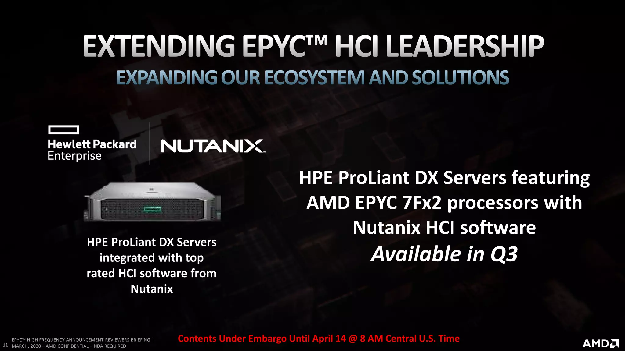 [AMD Official Use Only - Internal Distribution Only]
11
EPYC™ HIGH FREQUENCY ANNOUNCEMENT REVIEWERS BRIEFING |
MARCH, 2020 – AMD CONFIDENTIAL – NDA REQUIRED
HPE ProLiant DX Servers
integrated with top
rated HCI software from
Nutanix
HPE ProLiant DX Servers featuring
AMD EPYC 7Fx2 processors with
Nutanix HCI software
Available in Q3
Contents Under Embargo Until April 14 @ 8 AM Central U.S. Time
 