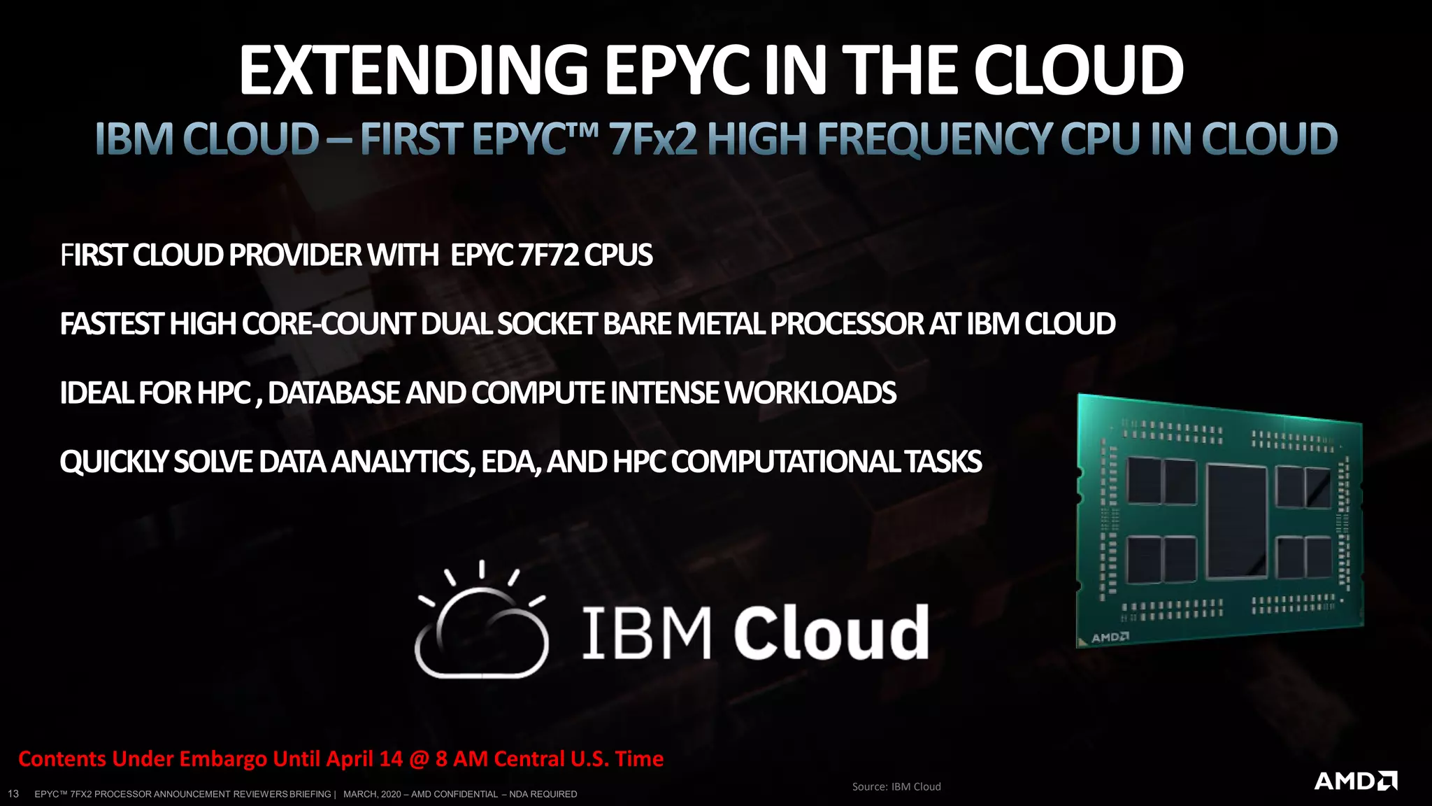 EPYC™ HIGH FREQUENCY ANNOUNCEMENT REVIEWERS BRIEFING | MARCH, 2020 – AMD CONFIDENTIAL – NDA REQUIRED
[AMD Official Use Only - Internal Distribution Only]
13 EPYC™ 7FX2 PROCESSOR ANNOUNCEMENT REVIEWERS BRIEFING | MARCH, 2020 – AMD CONFIDENTIAL – NDA REQUIRED
EXTENDINGEPYCINTHECLOUD
Contents Under Embargo Until April 14 @ 8 AM Central U.S. Time
FIRSTCLOUDPROVIDERWITH EPYC7F72CPUS
FASTESTHIGHCORE-COUNTDUALSOCKETBAREMETALPROCESSORATIBMCLOUD
IDEALFORHPC,DATABASEANDCOMPUTEINTENSEWORKLOADS
QUICKLYSOLVEDATAANALYTICS,EDA,ANDHPCCOMPUTATIONALTASKS
Source: IBM Cloud
 