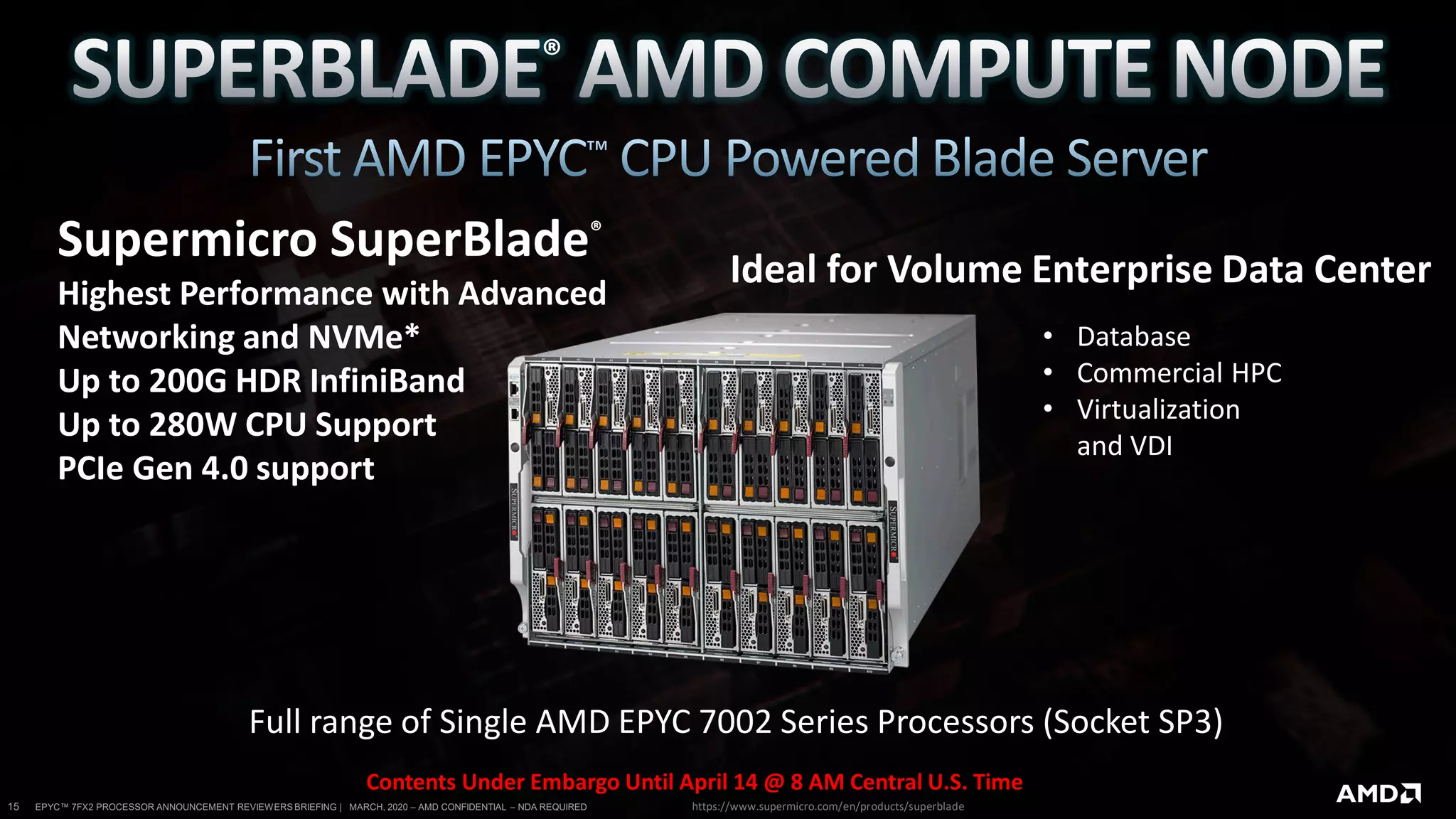 EPYC™ HIGH FREQUENCY ANNOUNCEMENT REVIEWERS BRIEFING | MARCH, 2020 – AMD CONFIDENTIAL – NDA REQUIRED
[AMD Official Use Only - Internal Distribution Only]
15 EPYC™ 7FX2 PROCESSOR ANNOUNCEMENT REVIEWERS BRIEFING | MARCH, 2020 – AMD CONFIDENTIAL – NDA REQUIRED
Supermicro SuperBlade®
Highest Performance with Advanced
Networking and NVMe*
Up to 200G HDR InfiniBand
Up to 280W CPU Support
PCIe Gen 4.0 support
Ideal for Volume Enterprise Data Center
https://www.supermicro.com/en/products/superblade
Contents Under Embargo Until April 14 @ 8 AM Central U.S. Time
Full range of Single AMD EPYC 7002 Series Processors (Socket SP3)
• Database
• Commercial HPC
• Virtualization
and VDI
 