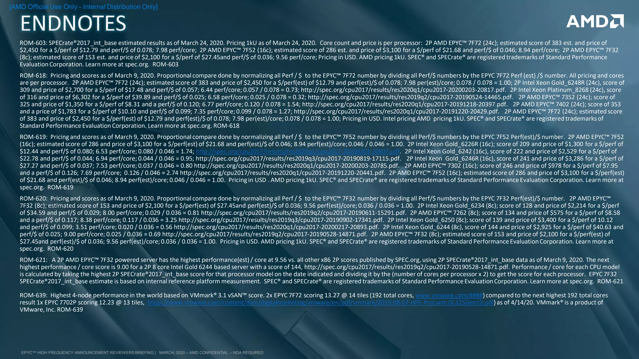 EPYC™ HIGH FREQUENCY ANNOUNCEMENT REVIEWERS BRIEFING | MARCH, 2020 – AMD CONFIDENTIAL – NDA REQUIRED
[AMD Official Use Only - Internal Distribution Only]
ROM-603: SPECrate®2017_int_base estimated results as of March 24, 2020. Pricing 1kU as of March 24, 2020. Core count and price is per processor: 2P AMD EPYC™ 7F72 (24c); estimated score of 383 est. and price of
$2,450 for a $/perf of $12.79 and perf/$ of 0.078; 7.98 perf/core; 2P AMD EPYC™ 7F52 (16c); estimated score of 286 est. and price of $3,100 for a $/perf of $21.68 and perf/$ of 0.046; 8.94 perf/core; 2P AMD EPYC™ 7F32
(8c); estimated score of 153 est. and price of $2,100 for a $/perf of $27.45and perf/$ of 0.036; 9.56 perf/core; Pricing in USD. AMD pricing 1kU. SPEC® and SPECrate® are registered trademarks of Standard Performance
EvaluationCorporation. Learn more at spec.org. ROM-603
ROM-618: Pricingand scores as of March 9, 2020. Proportional compare done by normalizingall Perf / $ to the EPYC™ 7F72 number by dividing all Perf/$ numbers by the EPYC 7F72 Perf (est) /$ number. All pricing and cores
are per processor. 2P AMD EPYC™ 7F72 (24c); estimated score of 383 and price of $2,450 for a $/perf(est) of $12.79 and perf(est)/$ of 0.078; 7.98 per(est)/core; 0.078 / 0.078 = 1.00; 2P Intel Xeon Gold_6248R (24c), score of
309 and price of $2,700 for a $/perf of $17.48 and perf/$ of 0.057; 6.44 perf/core; 0.057 / 0.078 = 0.73; http://spec.org/cpu2017/results/res2020q1/cpu2017-20200203-20817.pdf. 2P Intel Xeon Platinum_8268 (24c), score
of 316 and price of $6,302 for a $/perf of $39.89 and perf/$ of 0.025; 6.58 perf/core; 0.025 / 0.078 = 0.32; http://spec.org/cpu2017/results/res2019q2/cpu2017-20190524-14465.pdf. 2P AMD EPYC™ 7352 (24c); score of
325 and price of $1,350 for a $/perf of $8.31 and a perf/$ of 0.120; 6.77 perf/core; 0.120 / 0.078 = 1.54; http://spec.org/cpu2017/results/res2020q1/cpu2017-20191218-20397.pdf. 2P AMD EPYC™ 7402 (24c); score of 353
and a price of $1,783 for a $/perf of $10.10 and perf/$ of 0.099; 7.35 perf/core; 0.099 / 0.078 = 1.27; http://spec.org/cpu2017/results/res2020q1/cpu2017-20191220-20429.pdf. 2P AMD EPYC™ 7F72 (24c); estimated score
of 383 and price of $2,450 for a $/perf(est) of $12.79 and perf(est)/$ of 0.078; 7.98 per(est)/core; 0.078 / 0.078 = 1.00; Pricingin USD. Intel pricing AMD pricing 1kU. SPEC® and SPECrate® are registered trademarks of
Standard PerformanceEvaluation Corporation. Learn more at spec.org. ROM-618
ROM-619: Pricingand scores as of March 9, 2020. Proportional compare done by normalizingall Perf / $ to the EPYC™ 7F52 number by dividing all Perf/$ numbers by the EPYC 7F52 Perf(est)/$ number. 2P AMD EPYC™ 7F52
(16c); estimated score of 286 and price of $3,100 for a $/perf(est) of $21.68 and perf(est)/$ of 0.046; 8.94 perf(est)/core;0.046 / 0.046 = 1.00. 2P Intel Xeon Gold_6226R (16c); score of 209 and price of $1,300 for a $/perf of
$12.44 and perf/$ of 0.080; 6.53 perf/core; 0.080 / 0.046 = 1.74; http://spec.org/cpu2017/results/res2020q1/cpu2017-20200203-20807.pdf. 2P Intel Xeon Gold_6242 (16c), score of 222 and price of $2,529 for a $/perf of
$22.78 and perf/$ of 0.044; 6.94 perf/core; 0.044 / 0.046 = 0.95; http://spec.org/cpu2017/results/res2019q3/cpu2017-20190819-17115.pdf. 2P Intel Xeon Gold_6246R (16c), score of 241 and price of $3,286 for a $/perf of
$27.27 and perf/$ of 0.037; 7.53 perf/core; 0.037 / 0.046 = 0.80 http://spec.org/cpu2017/results/res2020q1/cpu2017-20200203-20785.pdf. 2P AMD EPYC™ 7302 (16c); score of 246 and price of $978 for a $/perf of $7.95
and a perf/$ of 0.126; 7.69 perf/core; 0.126 / 0.046 = 2.74 http://spec.org/cpu2017/results/res2020q1/cpu2017-20191220-20441.pdf. 2P AMD EPYC™ 7F52 (16c); estimated score of 286 and price of $3,100 for a $/perf(est)
of $21.68 and perf(est)/$ of 0.046; 8.94 perf(est)/core;0.046 / 0.046 = 1.00. Pricingin USD . AMD pricing 1kU. SPEC® and SPECrate® are registered trademarks of Standard PerformanceEvaluation Corporation. Learn more at
spec.org. ROM-619
ROM-620: Pricingand scores as of March 9, 2020. Proportional compare done by normalizingall Perf / $ to the EPYC™ 7F32 number by dividing all Perf/$ numbers by the EPYC 7F32 Perf(est)/$ number. 2P AMD EPYC™
7F32 (8c); estimated score of 153 and price of $2,100 for a $/perf(est) of $27.45and perf(est)/$ of 0.036; 9.56 perf(est)/core;0.036 / 0.036 = 1.00. 2P Intel Xeon Gold_6234 (8c); score of 128 and price of $2,214 for a $/perf
of $34.59 and perf/$ of 0.029; 8.00 perf/core; 0.029 / 0.036 = 0.81 http://spec.org/cpu2017/results/res2019q2/cpu2017-20190611-15291.pdf. 2P AMD EPYC™ 7262 (8c); score of 134 and price of $575 for a $/perf of $8.58
and a perf/$ of 0.117; 8.38 perf/core; 0.117 / 0.036 = 3.25 http://spec.org/cpu2017/results/res2019q3/cpu2017-20190902-17341.pdf. 2P Intel Xeon Gold_6250 (8c); score of 139 and price of $3,400 for a $/perf of 10.12
and perf/$ of 0.099; 3.51 perf/core; 0.020 / 0.036 = 0.56 http://spec.org/cpu2017/results/res2020q1/cpu2017-20200217-20893.pdf. 2P Intel Xeon Gold_6244 (8c), score of 144 and price of $2,925 for a $/perf of $40.63 and
perf/$ of 0.025; 9.00 perf/core; 0.025 / 0.036 = 0.69 http://spec.org/cpu2017/results/res2019q2/cpu2017-20190528-14871.pdf. 2P AMD EPYC™ 7F32 (8c); estimated score of 153 and price of $2,100 for a $/perf(est) of
$27.45and perf(est)/$ of 0.036; 9.56 perf(est)/core;0.036 / 0.036 = 1.00. Pricingin USD. AMD pricing 1kU. SPEC® and SPECrate® are registered trademarks of Standard PerformanceEvaluationCorporation. Learn more at
spec.org. ROM-620
ROM-621: A 2P AMD EPYC™ 7F32 powered server has the highest performance(est)/ core at 9.56 vs. all other x86 2P scores published by SPEC.org, using 2P SPECrate®2017_int_base data as of March 9, 2020. The next
highest performance / core score is 9.00 for a 2P 8 core Intel Gold 6244 based server with a score of 144, http://spec.org/cpu2017/results/res2019q2/cpu2017-20190528-14871.pdf. Performance/ core for each CPU model
is calculated by taking the highest 2P SPECrate®2017_int_base score for that processor model on the date indicated and dividingit by the (number of cores per processor x 2) to get the score for each processor. EPYC 7F32
SPECrate®2017_int_base estimate is based on internal reference platform measurement. SPEC® and SPECrate® are registered trademarks of Standard PerformanceEvaluationCorporation. Learn more at spec.org. ROM-621
ROM-639: Highest 4-node performancein the world based on VMmark® 3.1 vSAN™ score. 2x EPYC 7F72 scoring 13.27 @ 14 tiles (192 total cores, www.vmware.com/####)compared to the next highest 192 total cores
result 1x EPYC 7702P scoring 12.23 @ 13 tiles, https://www.vmware.com/content/dam/digitalmarketing/vmware/en/pdf/vmmark/2019-08-07-HPE-ProLiant-DL325Gen10.pdf)as of 4/14/20. VMmark® is a product of
VMware, Inc. ROM-639
 