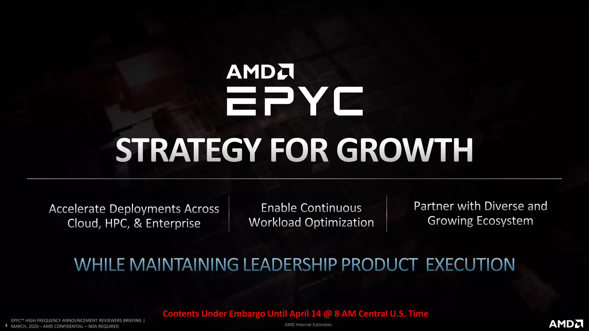 [AMD Official Use Only - Internal Distribution Only]
4
EPYC™ HIGH FREQUENCY ANNOUNCEMENT REVIEWERS BRIEFING |
MARCH, 2020 – AMD CONFIDENTIAL – NDA REQUIRED AMD Internal Estimates
Contents Under Embargo Until April 14 @ 8 AM Central U.S. Time
 