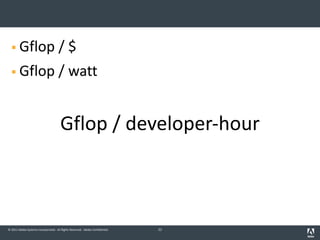 © 2011 Adobe Systems Incorporated. All Rights Reserved. Adobe Confidential.
§ Gflop / $
§ Gflop / watt
Gflop / developer-hour
22
 