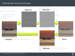 © 2011 Adobe Systems Incorporated. All Rights Reserved. Adobe Confidential.
Pixel Bender Kernels & Graphs
6
<languageVersion : 1.0;>
kernel pixelate_sample
<
namespace : "AIF Test";
vendor : "Adobe";
version : 1;>
{
parameter int dimension;
input image4 inputImage;
output pixel4 outputPixel;
void evaluatePixel()
{
float dimAsFloat = float(dimension);
float2 sc = floor(outCoord() /
float2(dimAsFloat, dimAsFloat));
sc *= dimAsFloat;
outputPixel = sampleNearest(inputImage, sc);
}
}
<?xml version="1.0" encoding="utf-8"?>
<graph name = "PixelateGraph"xmlns="http://ns.adobe.com/PixelBenderGraph/1.0">
<metadata name = "namespace" value = "AIF"/>
<metadata name = "vendor" value = "Adobe Systems" />
<metadata name = "version" type = "int" value = "1" />
<parameter type = "int" name = "dimension" >
<metadata name = "defaultValue" type = "int" value = "1" />
<metadata name = "minValue" type = "int" value = "1" />
<metadata name = "maxValue" type = "int" value = "100" />
</parameter>
<inputImage type = "image4" name = "inputImage" />
<outputImage type = "image4" name = "outputImage" />
<kernel>
<![CDATA[
<languageVersion : 1.0;>
kernel Pixelate
<
namespace:"AIF";
vendor:"Adobe Systems";
version:1;
>
{
…
}
]]>
</kernel>
<node id = "pixelateFilter" name ="Pixelate" namespace = "AIF" vendor = "Adobe Systems" version ="1"
clientID ="ADBE Pixelate" >
<evaluateParameters>
<![CDATA[
void evaluateParameters()
{
pixelateFilter::dimension = dimension;
}
]]>
</evaluateParameters>
</node>
<!-- Connect the graph -->
<connect fromImage = "inputImage" toNode = "pixelateFilter" toInput = "src" />
<connect fromNode = "pixelateFilter" fromOutput = "dst" toImage = "outputImage" />
</graph>
High Pass Texturize
Saturate
Blend
Vacation
 