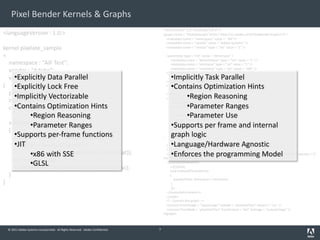 © 2011 Adobe Systems Incorporated. All Rights Reserved. Adobe Confidential.
Pixel Bender Kernels & Graphs
7
<languageVersion : 1.0;>
kernel pixelate_sample
<
namespace : "AIF Test";
vendor : "Adobe";
version : 1;>
{
parameter int dimension;
input image4 inputImage;
output pixel4 outputPixel;
void evaluatePixel()
{
float dimAsFloat = float(dimension);
float2 sc = floor(outCoord() /
float2(dimAsFloat, dimAsFloat));
sc *= dimAsFloat;
outputPixel = sampleNearest(inputImage, sc);
}
}
<?xml version="1.0" encoding="utf-8"?>
<graph name = "PixelateGraph"xmlns="http://ns.adobe.com/PixelBenderGraph/1.0">
<metadata name = "namespace" value = "AIF"/>
<metadata name = "vendor" value = "Adobe Systems" />
<metadata name = "version" type = "int" value = "1" />
<parameter type = "int" name = "dimension" >
<metadata name = "defaultValue" type = "int" value = "1" />
<metadata name = "minValue" type = "int" value = "1" />
<metadata name = "maxValue" type = "int" value = "100" />
</parameter>
<inputImage type = "image4" name = "inputImage" />
<outputImage type = "image4" name = "outputImage" />
<kernel>
<![CDATA[
<languageVersion : 1.0;>
kernel Pixelate
<
namespace:"AIF";
vendor:"Adobe Systems";
version:1;
>
{
…
}
]]>
</kernel>
<node id = "pixelateFilter" name ="Pixelate" namespace = "AIF" vendor = "Adobe Systems" version ="1"
clientID ="ADBE Pixelate" >
<evaluateParameters>
<![CDATA[
void evaluateParameters()
{
pixelateFilter::dimension = dimension;
}
]]>
</evaluateParameters>
</node>
<!-- Connect the graph -->
<connect fromImage = "inputImage" toNode = "pixelateFilter" toInput = "src" />
<connect fromNode = "pixelateFilter" fromOutput = "dst" toImage = "outputImage" />
</graph>
•Explicitly Data Parallel
•Explicitly Lock Free
•Implicitly Vectorizable
•Contains Optimization Hints
•Region Reasoning
•Parameter Ranges
•Supports per-frame functions
•JIT
•x86 with SSE
•GLSL
•Implicitly Task Parallel
•Contains Optimization Hints
•Region Reasoning
•Parameter Ranges
•Parameter Use
•Supports per frame and internal
graph logic
•Language/Hardware Agnostic
•Enforces the programming Model
 