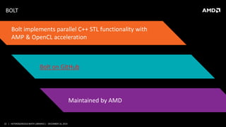 22 | HETEROGENEOUS MATH LIBRARIES | DECEMBER 16, 2014
BOLT
Bolt implements parallel C++ STL functionality with
AMP & OpenCL acceleration
Bolt on GitHub
Maintained by AMD
 