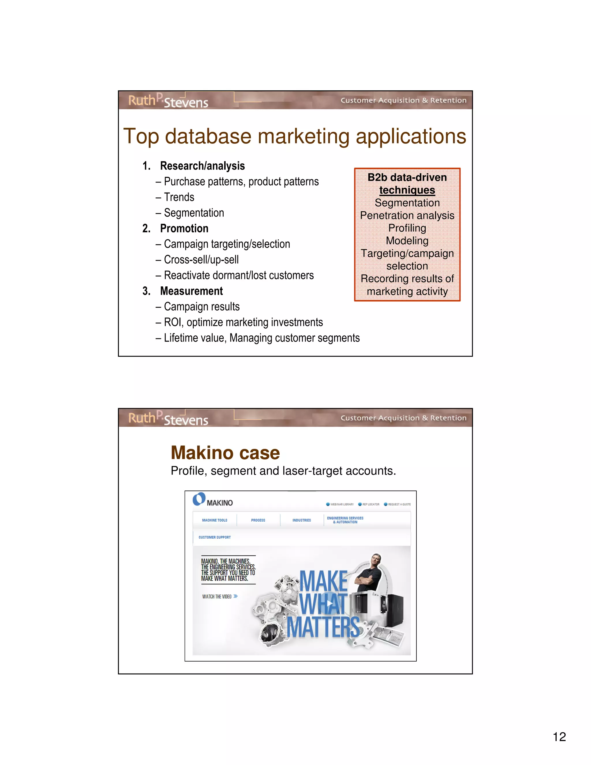 12
Top database marketing applications
1. Research/analysis
– Purchase patterns, product patterns
– Trends
– Segmentation
2. Promotion
– Campaign targeting/selection
– Cross-sell/up-sell
– Reactivate dormant/lost customers
3. Measurement
– Campaign results
– ROI, optimize marketing investments
– Lifetime value, Managing customer segments
B2b data-driven
techniques
Segmentation
Penetration analysis
Profiling
Modeling
Targeting/campaign
selection
Recording results of
marketing activity
Makino case
Profile, segment and laser-target accounts.
 