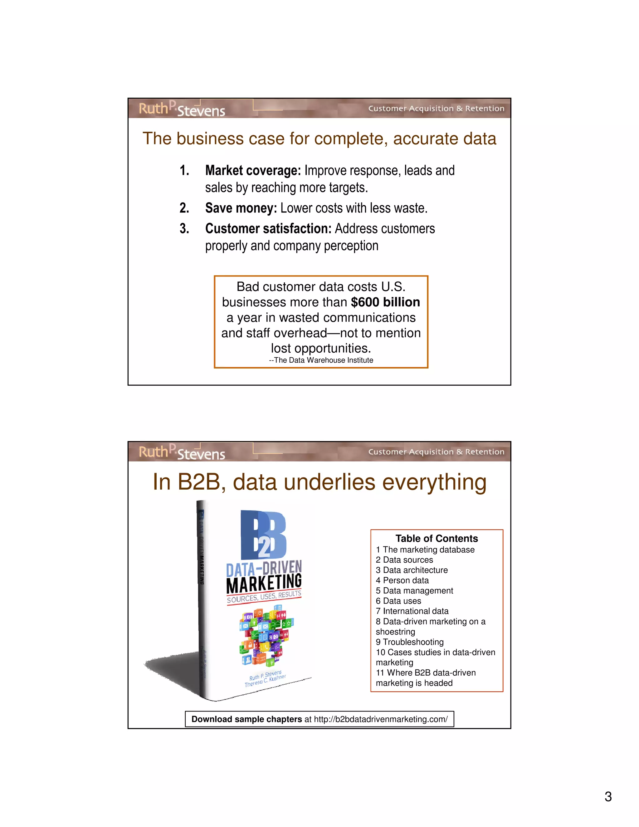 3
The business case for complete, accurate data
1. Market coverage: Improve response, leads and
sales by reaching more targets.
2. Save money: Lower costs with less waste.
3. Customer satisfaction: Address customers
properly and company perception
Bad customer data costs U.S.
businesses more than $600 billion
a year in wasted communications
and staff overhead—not to mention
lost opportunities.
--The Data Warehouse Institute
In B2B, data underlies everything
Table of Contents
1 The marketing database
2 Data sources
3 Data architecture
4 Person data
5 Data management
6 Data uses
7 International data
8 Data-driven marketing on a
shoestring
9 Troubleshooting
10 Cases studies in data-driven
marketing
11 Where B2B data-driven
marketing is headed
Download sample chapters at http://b2bdatadrivenmarketing.com/
 