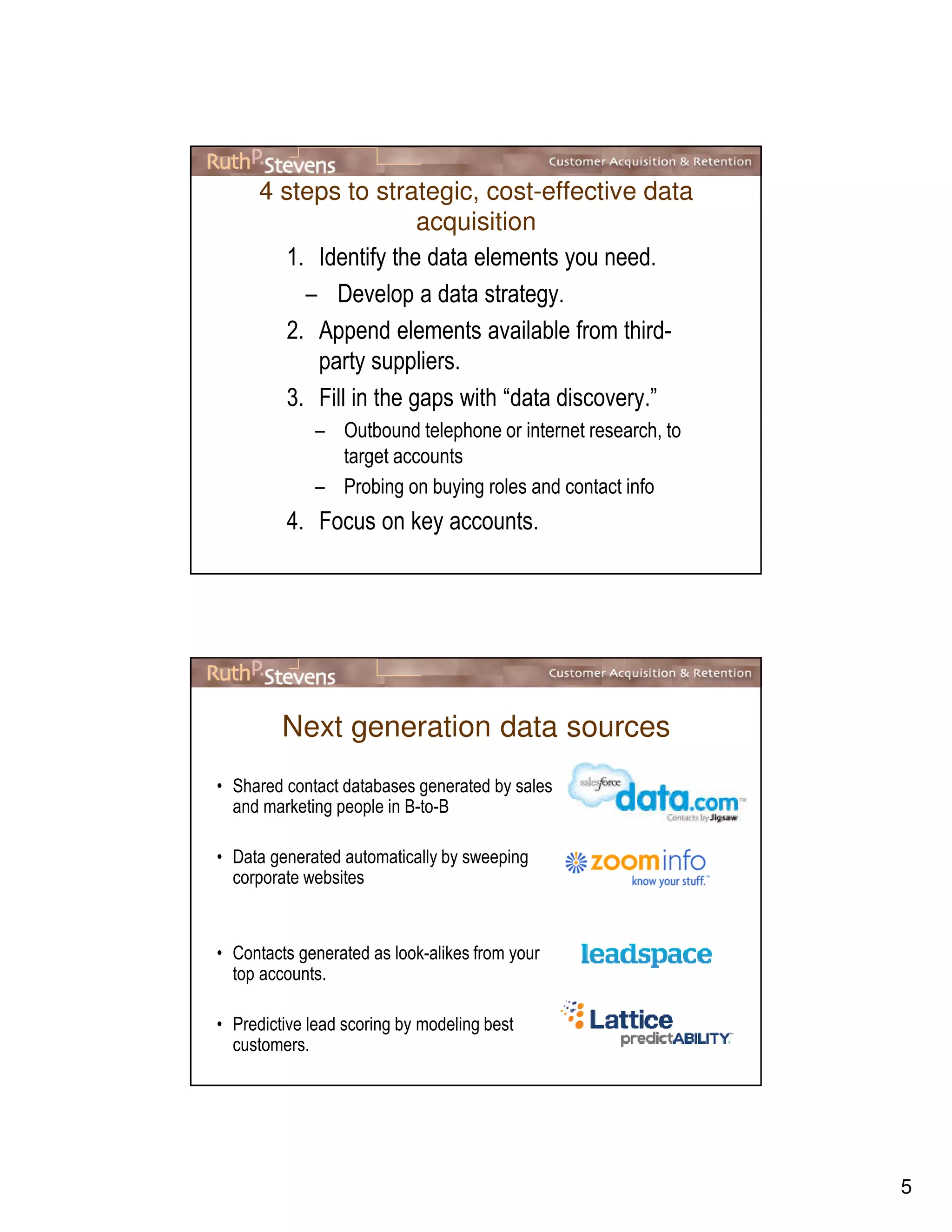 5
4 steps to strategic, cost-effective data
acquisition
1. Identify the data elements you need.
– Develop a data strategy.
2. Append elements available from third-
party suppliers.
3. Fill in the gaps with “data discovery.”
– Outbound telephone or internet research, to
target accounts
– Probing on buying roles and contact info
4. Focus on key accounts.
Next generation data sources
• Shared contact databases generated by sales
and marketing people in B-to-B
• Data generated automatically by sweeping
corporate websites
• Contacts generated as look-alikes from your
top accounts.
• Predictive lead scoring by modeling best
customers.
 