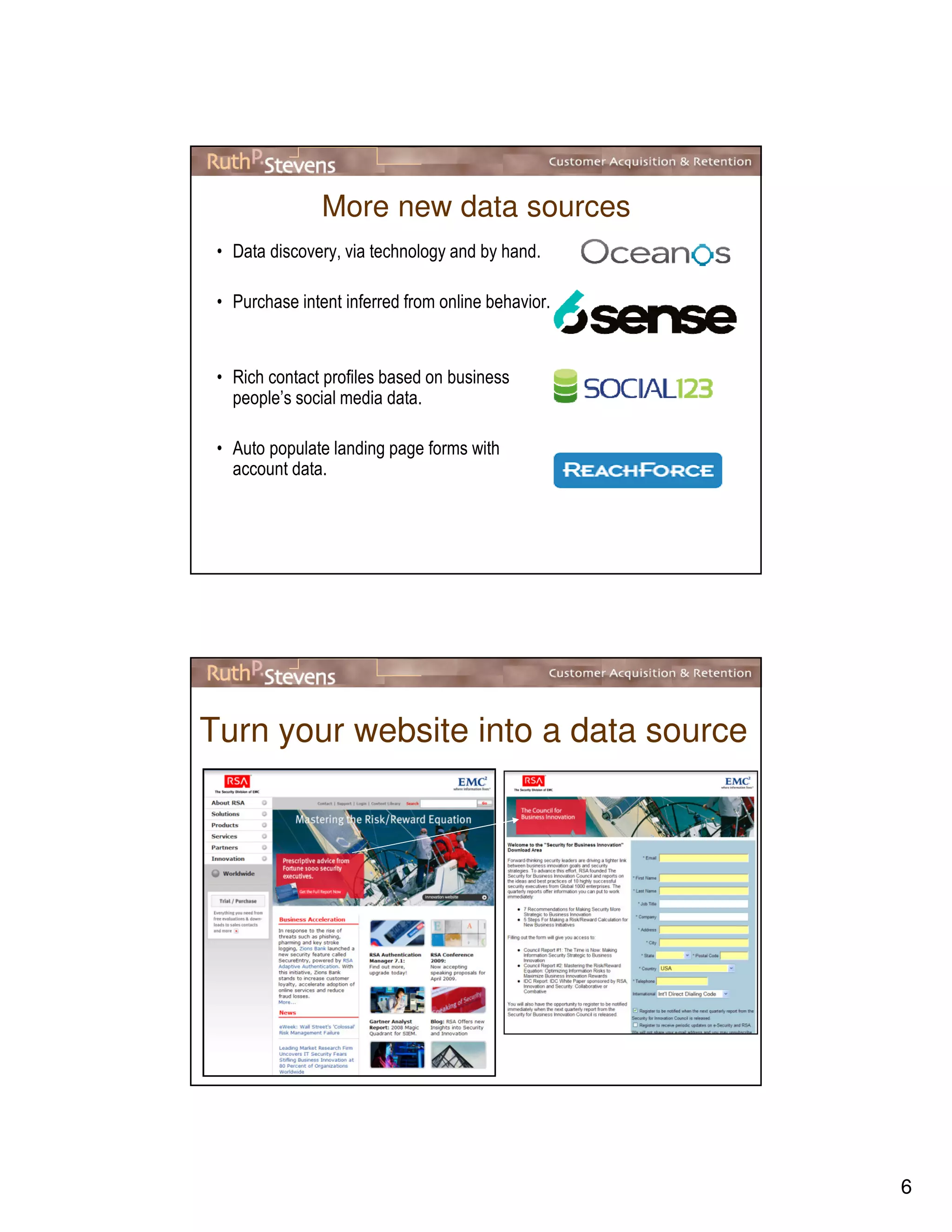6
More new data sources
• Data discovery, via technology and by hand.
• Purchase intent inferred from online behavior.
• Rich contact profiles based on business
people’s social media data.
• Auto populate landing page forms with
account data.
Turn your website into a data source
 