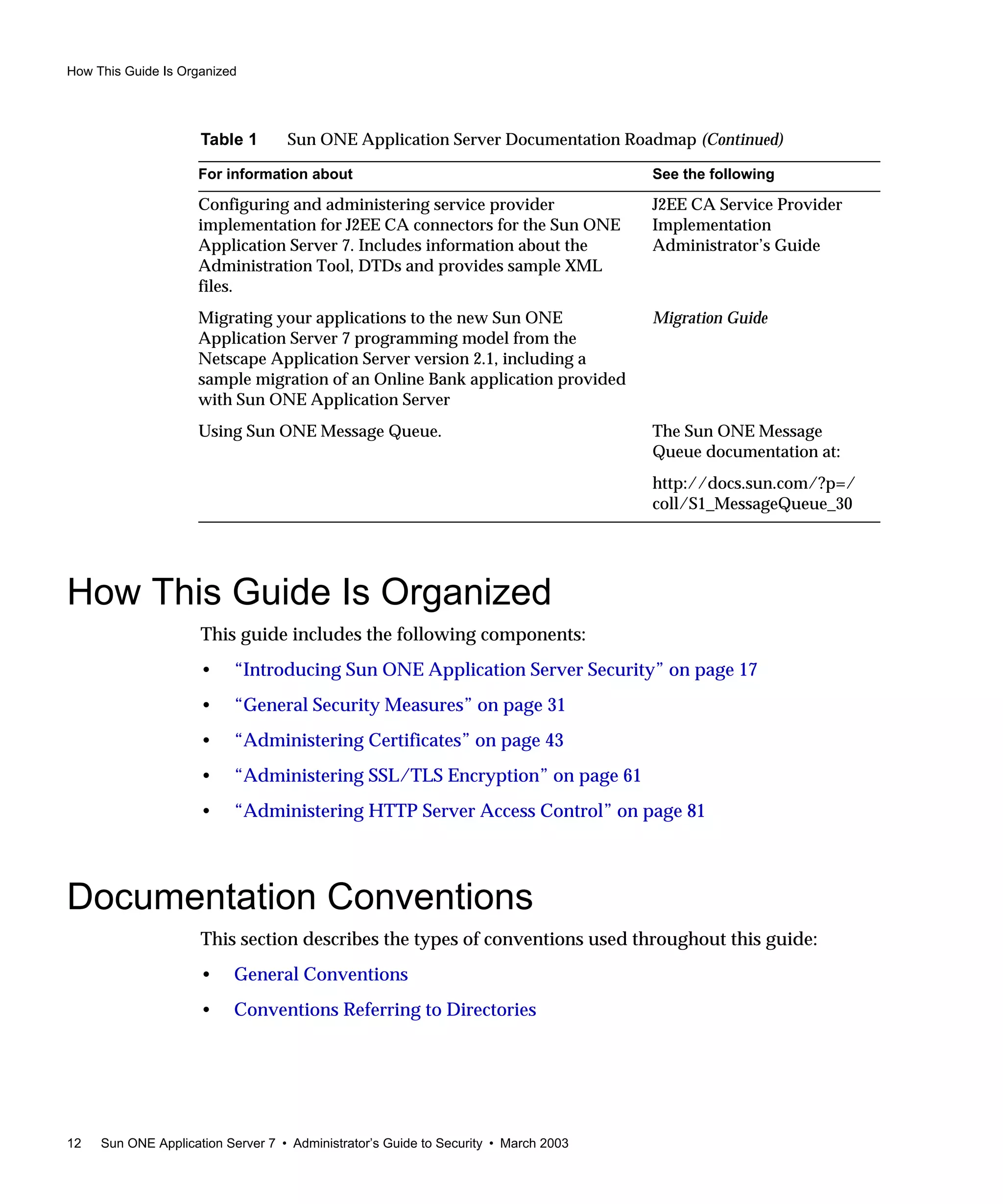 How This Guide Is Organized
12 Sun ONE Application Server 7 • Administrator’s Guide to Security • March 2003
How This Guide Is Organized
This guide includes the following components:
• “Introducing Sun ONE Application Server Security” on page 17
• “General Security Measures” on page 31
• “Administering Certificates” on page 43
• “Administering SSL/TLS Encryption” on page 61
• “Administering HTTP Server Access Control” on page 81
Documentation Conventions
This section describes the types of conventions used throughout this guide:
• General Conventions
• Conventions Referring to Directories
Configuring and administering service provider
implementation for J2EE CA connectors for the Sun ONE
Application Server 7. Includes information about the
Administration Tool, DTDs and provides sample XML
files.
J2EE CA Service Provider
Implementation
Administrator’s Guide
Migrating your applications to the new Sun ONE
Application Server 7 programming model from the
Netscape Application Server version 2.1, including a
sample migration of an Online Bank application provided
with Sun ONE Application Server
Migration Guide
Using Sun ONE Message Queue. The Sun ONE Message
Queue documentation at:
http://docs.sun.com/?p=/
coll/S1_MessageQueue_30
Table 1 Sun ONE Application Server Documentation Roadmap (Continued)
For information about See the following
 