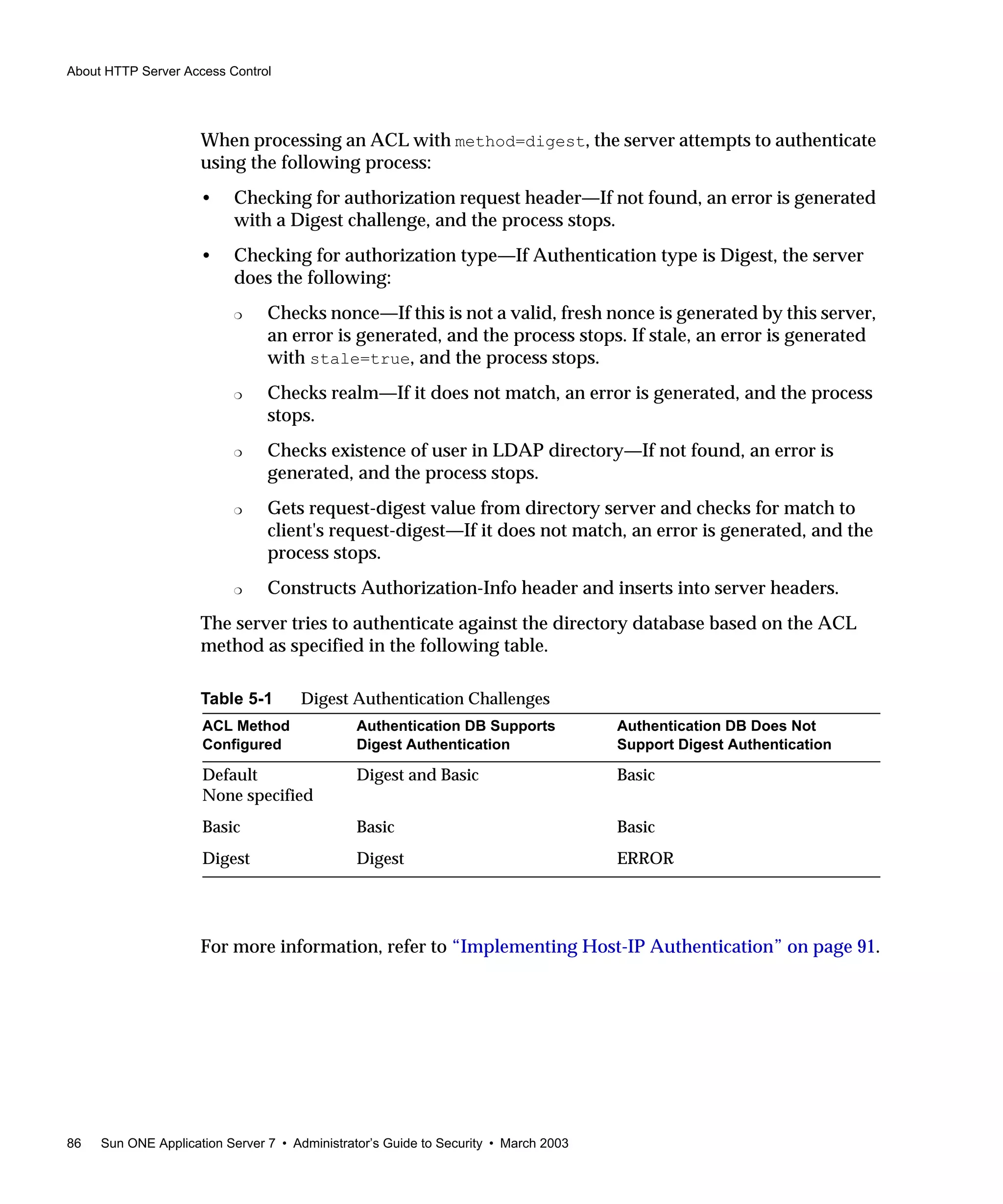 About HTTP Server Access Control
86 Sun ONE Application Server 7 • Administrator’s Guide to Security • March 2003
When processing an ACL with method=digest, the server attempts to authenticate
using the following process:
• Checking for authorization request header—If not found, an error is generated
with a Digest challenge, and the process stops.
• Checking for authorization type—If Authentication type is Digest, the server
does the following:
❍ Checks nonce—If this is not a valid, fresh nonce is generated by this server,
an error is generated, and the process stops. If stale, an error is generated
with stale=true, and the process stops.
❍ Checks realm—If it does not match, an error is generated, and the process
stops.
❍ Checks existence of user in LDAP directory—If not found, an error is
generated, and the process stops.
❍ Gets request-digest value from directory server and checks for match to
client's request-digest—If it does not match, an error is generated, and the
process stops.
❍ Constructs Authorization-Info header and inserts into server headers.
The server tries to authenticate against the directory database based on the ACL
method as specified in the following table.
For more information, refer to “Implementing Host-IP Authentication” on page 91.
Table 5-1 Digest Authentication Challenges
ACL Method
Configured
Authentication DB Supports
Digest Authentication
Authentication DB Does Not
Support Digest Authentication
Default
None specified
Digest and Basic Basic
Basic Basic Basic
Digest Digest ERROR
 