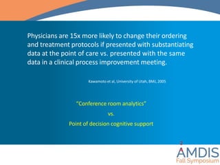 Physicians are 15x more likely to change their ordering
and treatment protocols if presented with substantiating
data at the point of care vs. presented with the same
data in a clinical process improvement meeting.
Kawamoto et al, University of Utah, BMJ, 2005
2
4
“Conference room analytics”
vs.
Point of decision cognitive support
 
