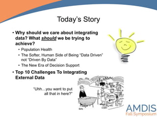 Today’s Story
• Why should we care about integrating
data? What should we be trying to
achieve?
• Population Health
• The Softer, Human Side of Being “Data Driven”
not “Driven By Data”
• The New Era of Decision Support
• Top 10 Challenges To Integrating
External Data
“Uhh…you want to put
all that in here?”
 