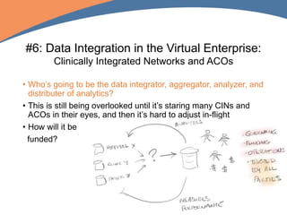#6: Data Integration in the Virtual Enterprise:
Clinically Integrated Networks and ACOs
• Who’s going to be the data integrator, aggregator, analyzer, and
distributer of analytics?
• This is still being overlooked until it’s staring many CINs and
ACOs in their eyes, and then it’s hard to adjust in-flight
• How will it be
funded?
 
