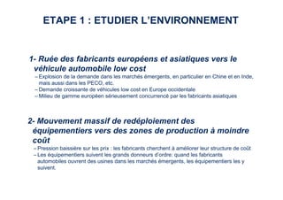 ETAPE 1 : ETUDIER L’ENVIRONNEMENT 
1- Ruée des fabricants européens et asiatiques vers le 
véhicule automobile low cost 
– Explosion de la demande dans les marchés émergents, en particulier en Chine et en Inde, 
5 
mais aussi dans les PECO, etc. 
–Demande croissante de véhicules low cost en Europe occidentale 
–Milieu de gamme européen sérieusement concurrencé par les fabricants asiatiques 
2- Mouvement massif de redéploiement des 
équipementiers vers des zones de production à moindre 
coût 
– Pression baissière sur les prix : les fabricants cherchent à améliorer leur structure de coût 
– Les équipementiers suivent les grands donneurs d’ordre: quand les fabricants 
automobiles ouvrent des usines dans les marchés émergents, les équipementiers les y 
suivent. 
 
