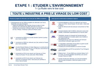 ETAPE 1 : ETUDIER L’ENVIRONNEMENT 
1- La Ruée vers le low cost 
TOUTE L’INDUSTRIE A PRIS LE VIRAGE DU LOW COST 
... ainsi que les constructeurs asiatiques majeurs 
• Commercialisation en 2010 d’un véhicule Low Cost au 
Japon, en Chine, Inde et Russie. Prix de vente : entre 4300 
et 5000 € 
• Projet de véhicule ultra low cost pour concurrencer la Tata 
Nano 
• Commercialisation dès fin 2008 du véhicule le moins cher 
(2500$), à destination essentiellement du marché indien 
• Pénétration réussie et croissante de Hyundai dans les 
marchés émergents et européen grâce à ses modèles à 
prix relativement bas 
• Développement en cours d’un véhicule Low Cost pour 
concurrencer la Renault Logan pour 2010 
• 1er exportateur automobile chinois grâce au grand succès 
de la QQ dans les pays émergents 
• Procédure de commercialisation en cours en Europe 
• Commercialisation par BYD de sa berline F3 au Portugal à 
partir de 2007 
• Brillance Auto : JV avec BMW pour produire Séries 3 et 5 
en Chine; et commercialisation de berlines Low Cost en 
Europe (France en 2008) 
• Grande réussite des véhicules Low Cost de Kia Motors 
dans les pays émergents, notamment grâce à la Kia 
Picanto 
Plusieurs projets de véhicules Low Cost par les OEMs européens... 
• Développement par les OEMs européens de véhicules Low Cost à 
destination des pays émergents : 
– Objectif de pénétration des marchés chinois et indien en forte 
explosion de la demande de petits véhicules et à bas prix 
– Volonté de concurrencer la Renault Logan sur les marchés de l’Europe 
de l’Est, l’Afrique, l’Amérique Latine et le Moyen Orient 
• Lancement en 2008 de la nouvelle Sandero (berline 5 portes) 
pour moins de 8000€ 
• Lancement en 2009 d’un véhicule Low Cost, produit en Russie, 
pour moins de 8000€ 
• JV entre Renault-Nissan et l’indien Bajaj pour la construction en 
2011 d’un véhicule Low Cost ULC en Inde pour concurrencer la 
Tata Nano. Prix de vente : ~1700€ 
• Lancement en 2010 d’une voiture Low Cost pour la Chine, 
l’Inde et la Russie. Prix de vente entre 7000 et 8000e 
• Lancement en 2010 d’une voiture Low Cost pour se 
renforcer en Amérique Latine, mais aussi pour pénétrer la 
Chine, Inde et Russie 
Source: Annual Report Renault, Press 8 
 