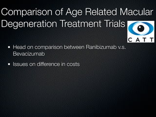 Comparison of Age Related Macular
Degeneration Treatment Trials

  Head on comparison between Ranibizumab v.s.
  Bevacizumab
  Issues on difference in costs
 