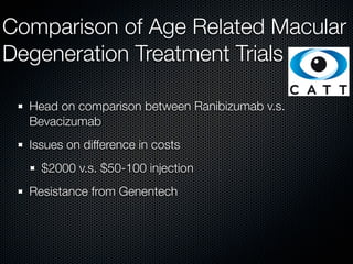 Comparison of Age Related Macular
Degeneration Treatment Trials

  Head on comparison between Ranibizumab v.s.
  Bevacizumab
  Issues on difference in costs
    $2000 v.s. $50-100 injection
  Resistance from Genentech
 