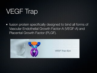 VEGF Trap
fusion protein speciﬁcally designed to bind all forms of
Vascular Endothelial Growth Factor-A (VEGF-A) and
Placental Growth Factor (PLGF).
 