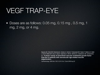 VEGF TRAP-EYE
Doses are as follows: 0.05 mg, 0.15 mg , 0.5 mg, 1
mg, 2 mg, or 4 mg.




                    Nguyen QD, Shah SM, Browning DJ, Hudson H, Sonkin P, Hariprasad SM, Kaiser P, Slakter JS, Haller
                    J, Do DV, Mieler WF, Chu K, Yang K, Ingerman A, Vitti RL, Berliner AJ, Cedarbaum JM, Campochiaro
                    PA.A phase I study of intravitreal vascular endothelial growth factor
                    trap-eye in patients with neovascular age-related macular
                    degeneration.
                    Ophthalmology. 2009 Nov;116(11):2141-8.e1. Epub 2009 Aug 22.
 