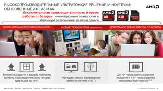 24AMD TECH DAY | MAY 2013 | AMD TECH DAY | MAY 2013 | EMBARGO – MAY 23 2013 12:01 AM EST
ВЫСОКОПРОИЗВОДИТЕЛЬНЫЕ УЛЬТРАТОНКИЕ РЕШЕНИЯ И НОУТБУКИ:
ОБНОВЛЕННЫЕ A10, A8 И A6
ИСКЛЮЧИТЕЛЬНАЯ ПРОИЗВОДИТЕЛЬНОСТЬ НОВЫЕ ТЕХНОЛОГИИ (комплект ПО) ДЛИТЕЛЬНОЕ ВРЕМЯ РАБОТЫ ОТ БАТАРЕИ
Исключительная производительность и время
работы от батареи, инновационные технологии и
максимум развлечений за ваши деньги
Мгновенный доступ к вашему любимому
контенту. Производительность четырех
ядер выше до 19%21
HD-видео, игры и беспроводной
обмен контентом с HDTV
До 10+ часов работы в режиме
ожидания и 7.5+ часов в режиме
просмотра web-страниц19, 20
См. информацию в приложении
 