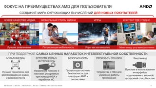 6AMD TECH DAY | MAY 2013 | AMD TECH DAY | MAY 2013 | EMBARGO – MAY 23 2013 12:01 AM EST
ФОКУС НА ПРЕИМУЩЕСТВАХ AMD ДЛЯ ПОЛЬЗОВАТЕЛЯ
НОВОЕ КАЧЕСТВО МЕДИА
Лучшие развлечения
МОБИЛЬНЫЙ СТИЛЬ ЖИЗНИ ИГРЫ КОНТЕНТ ГДЕ УГОДНО
СОЗДАНИЕ МИРА ОКРУЖАЮЩИХ ВЫЧИСЛЕНИЙ ДЛЯ НОВЫХ ПОКУПАТЕЛЕЙ
Потрясающая мобильность Игры как на консолях Обмен между устр-вами/дисплеями
БЕЗОПАСНОСТЬ
Процессоры системы
безопасности для
платформ AMD и
экосистемы
Ввод/вывод
Простые в использовании
интерфейсы
подключения с высокой
пропускной способностью
МУЛЬТИМЕДИА
Лучшие технологии для
воспроизведения аудио-
и видеоконтента
Управление голосом и
жестами, ускоряемые
при помощи HSA и
наработок ИС
ЕСТЕСТВ. ПОЛЬЗ.
ИНТЕРФЕЙСЫ
ПРОИЗВ-ТЬ CPU/GPU
Устройства с HSA для
ускорения работы
приложений
ПРИ ПОДДЕРЖКЕ САМЫХ ЦЕННЫХ НАРАБОТОК ИНТЕЛЛЕКТУАЛЬНОЙ СОБСТВЕННОСТИ
 