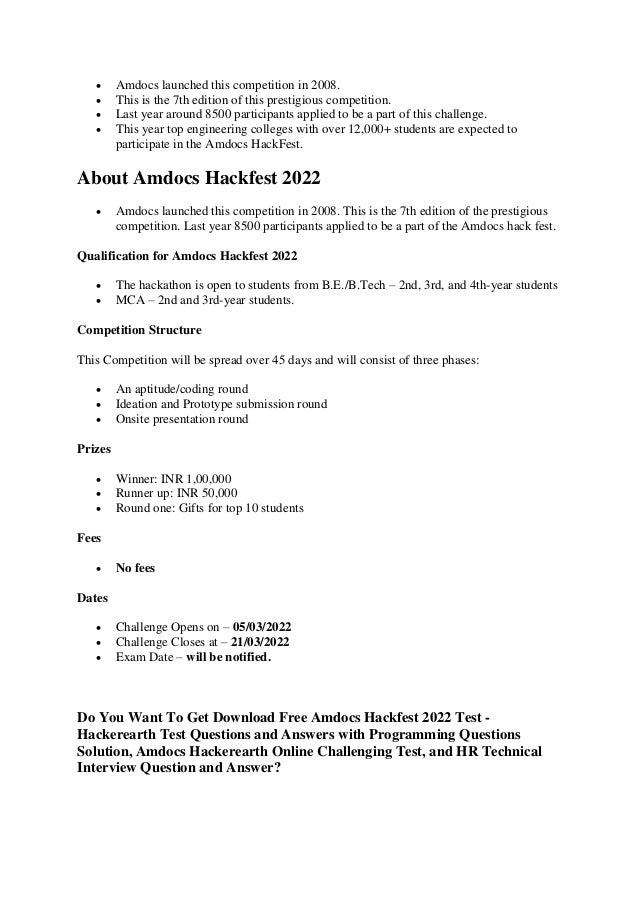 Amdocs Hackfest 2022 Hackerearth Test MCQs Programming Questions Answers Recruitment Solution