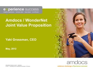 Information Security Level 2 – Sensitive
© 2012 – Proprietary and Confidential Information of Amdocs
Amdocs / WonderNet
Joint Value Proposition
Yaki Grossman, CEO
May, 2012
 