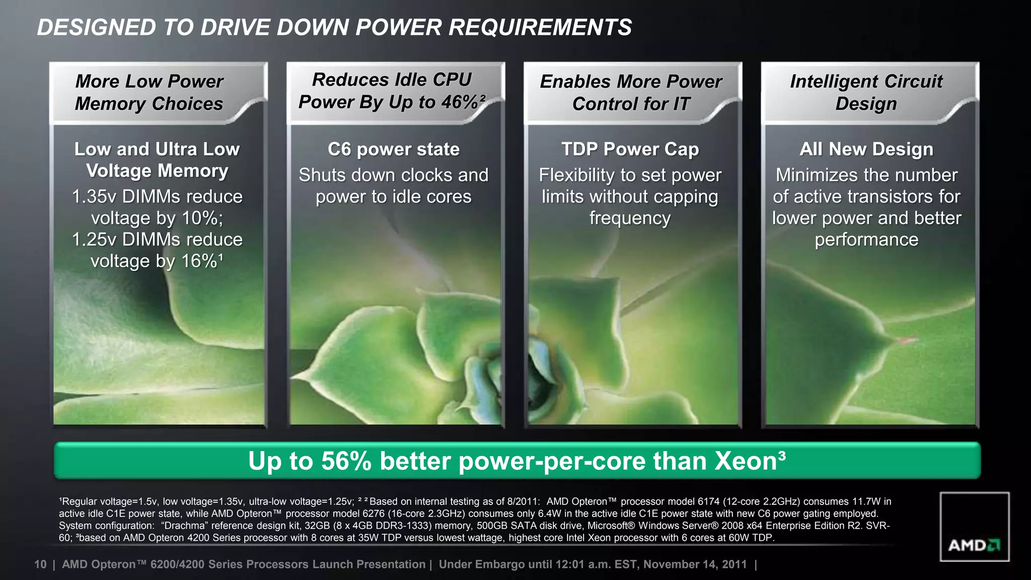 DESIGNED TO DRIVE DOWN POWER REQUIREMENTS

       More Low Power                                   Reduces Idle CPU                                   Enables More Power                                    Intelligent Circuit
       Memory Choices                                  Power By Up to 46%²                                    Control for IT                                           Design

      Low and Ultra Low                                   C6 power state                                      TDP Power Cap                                      All New Design
        Voltage Memory                                 Shuts down clocks and                               Flexibility to set power                           Minimizes the number
      1.35v DIMMs reduce                                power to idle cores                                limits without capping                            of active transistors for
        voltage by 10%;                                                                                           frequency                                  lower power and better
      1.25v DIMMs reduce                                                                                                                                          performance
        voltage by 16%¹




                                            Up to 56% better power-per-core than Xeon³
    ¹Regular voltage=1.5v, low voltage=1.35v, ultra-low voltage=1.25v; ² ² Based on internal testing as of 8/2011: AMD Opteron™ processor model 6174 (12-core 2.2GHz) consumes 11.7W in
    active idle C1E power state, while AMD Opteron™ processor model 6276 (16-core 2.3GHz) consumes only 6.4W in the active idle C1E power state with new C6 power gating employed.
    System configuration: “Drachma” reference design kit, 32GB (8 x 4GB DDR3-1333) memory, 500GB SATA disk drive, Microsoft® Windows Server® 2008 x64 Enterprise Edition R2. SVR-
    60; ³based on AMD Opteron 4200 Series processor with 8 cores at 35W TDP versus lowest wattage, highest core Intel Xeon processor with 6 cores at 60W TDP.

10 | AMD Opteron™ 6200/4200 Series Processors Launch Presentation | Under Embargo until 12:01 a.m. EST, November 14, 2011 |
 